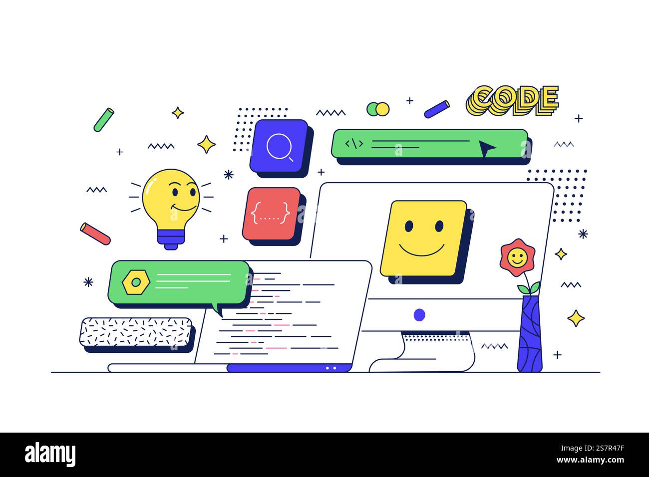 Concetto di sviluppo Web. Tabella con il computer e le relative icone. Stile cartone animato anni '90. Illustrazione vettoriale Illustrazione Vettoriale