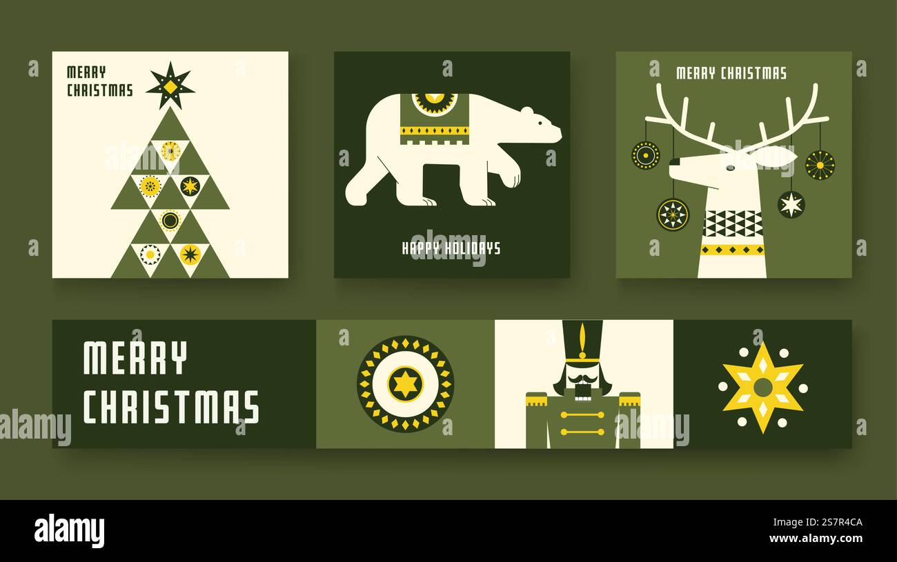 Eleganti biglietti d'auguri e striscioni per Natale e Capodanno. Stile semplice e alla moda. Design di copertina, invito o poster. Illustrazione vettoriale. Illustrazione Vettoriale