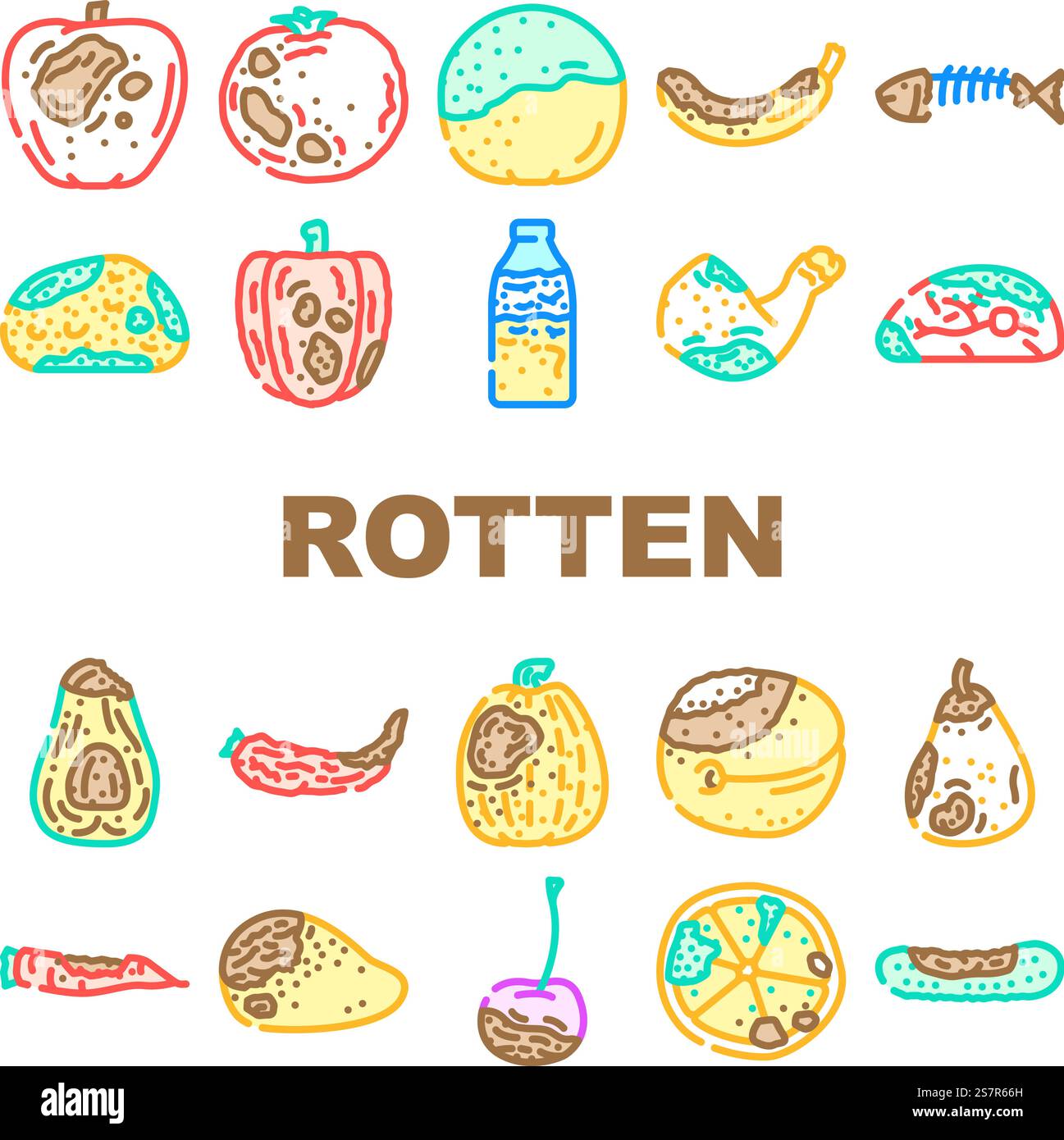 le icone dei rifiuti alimentari marciscono impostano il vettore. spazzatura cattiva, spazzatura, frutta spazzatura, bidone di verdure, cucina sporca, spazzatura, ridurre le illustrazioni delle linee colorate degli scarti di cibo. le icone dei rifiuti alimentari marciscono impostano il vettore Illustrazione Vettoriale