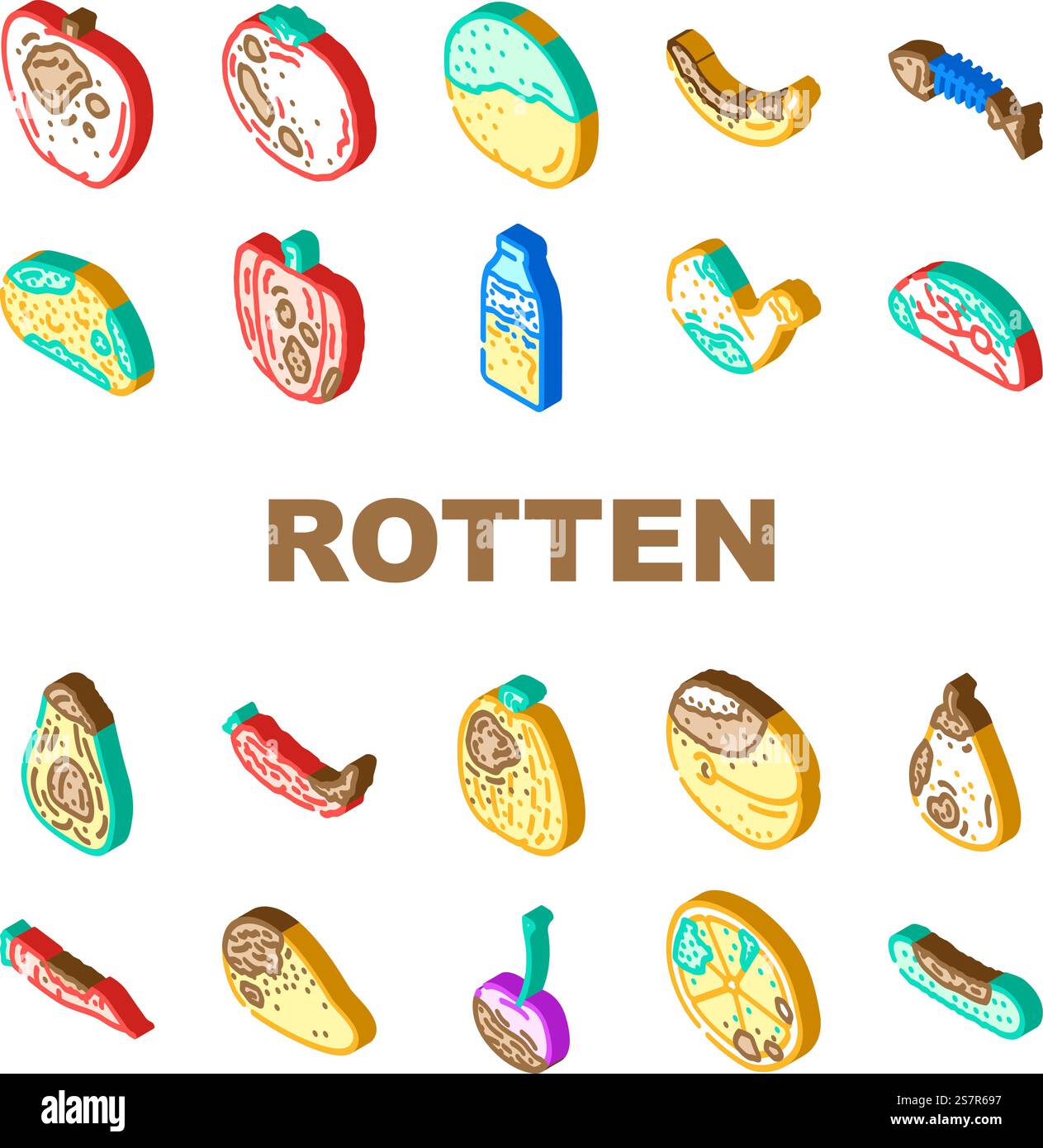 le icone dei rifiuti alimentari marciscono impostano il vettore. spazzatura cattiva, spazzatura, frutta spazzatura, bidone di verdure, cucina sporca, spazzatura, ridurre gli sprechi di cibo marcio illustrazioni dei segni isometrici. le icone dei rifiuti alimentari marciscono impostano il vettore Illustrazione Vettoriale