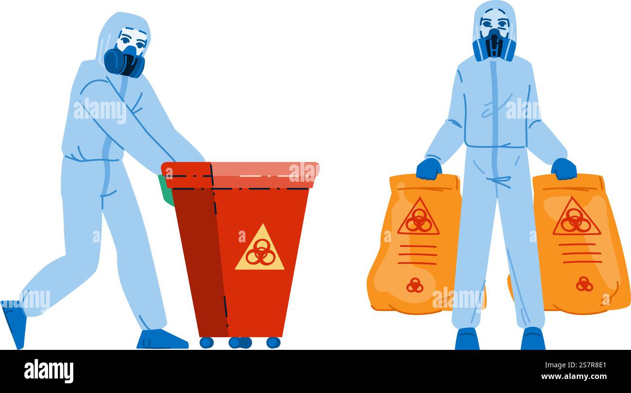 vettore di gestione dei rifiuti pericolosi. smaltimento di plastica, fabbrica di contenitori, rifiuti di riciclaggio sporchi carattere di gestione dei rifiuti pericolosi. persone illustrazione a fumetti piatta. vettore di gestione dei rifiuti pericolosi Illustrazione Vettoriale