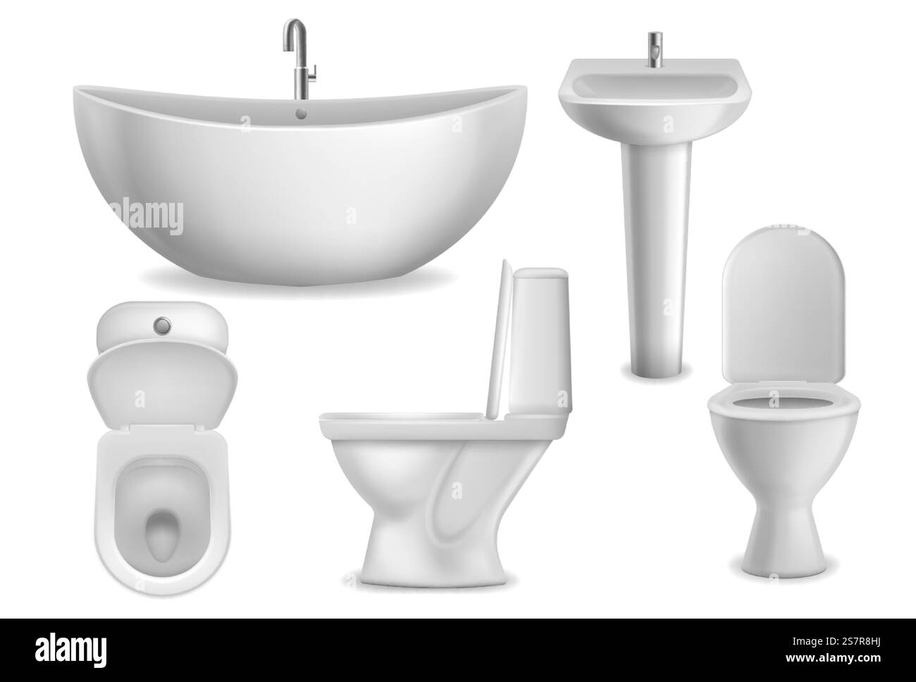 Oggetti realistici per il bagno. Vasca da bagno bianca pulita, WC e lavandino con rubinetto. Vista superiore, laterale e frontale delle ciotole in ceramica da bagno. Set isolato vettoriale elementi 3d sanitari interni guardaroba. Oggetti realistici per il bagno. Vasca da bagno bianca, WC e lavandino con rubinetto. Vista superiore, laterale e frontale delle ciotole in ceramica da bagno. Set isolato vettoriale elementi 3d sanitari interni guardaroba Illustrazione Vettoriale