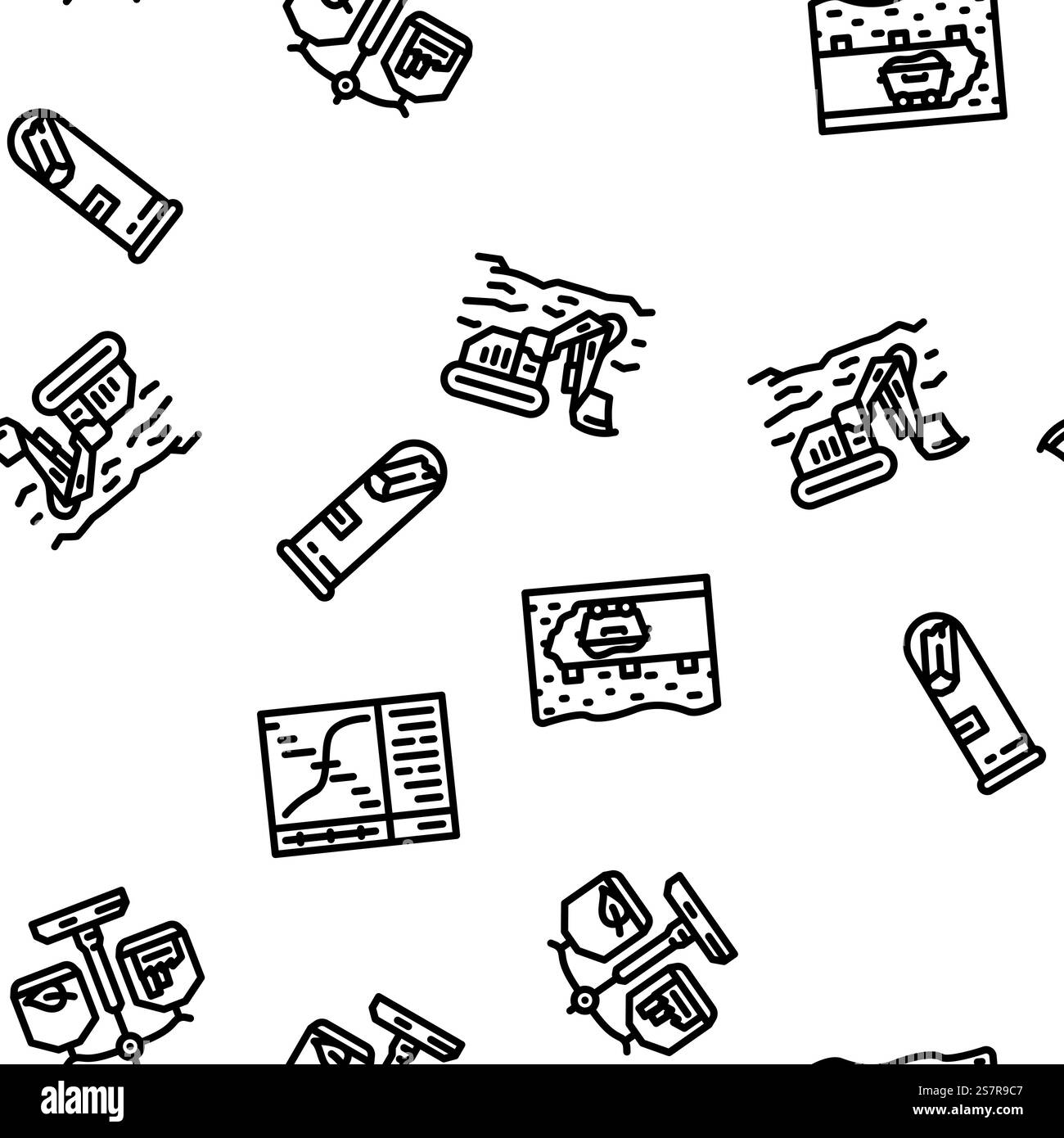 illustrazione a linee sottili con motivo vettoriale senza cuciture per ingegneri minerari. vettore di pattern senza cuciture per l'industria mineraria Illustrazione Vettoriale
