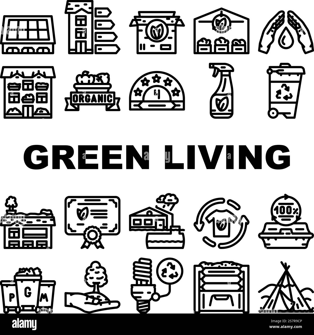 le icone ecologiche verdi consentono di impostare il vettore. ambiente natura, ecologia sana, casa pulita, città interna, energia, illustrazioni dei contorni di colore verde verde vivente eco-nero. le icone ecologiche verdi consentono di impostare il vettore Illustrazione Vettoriale