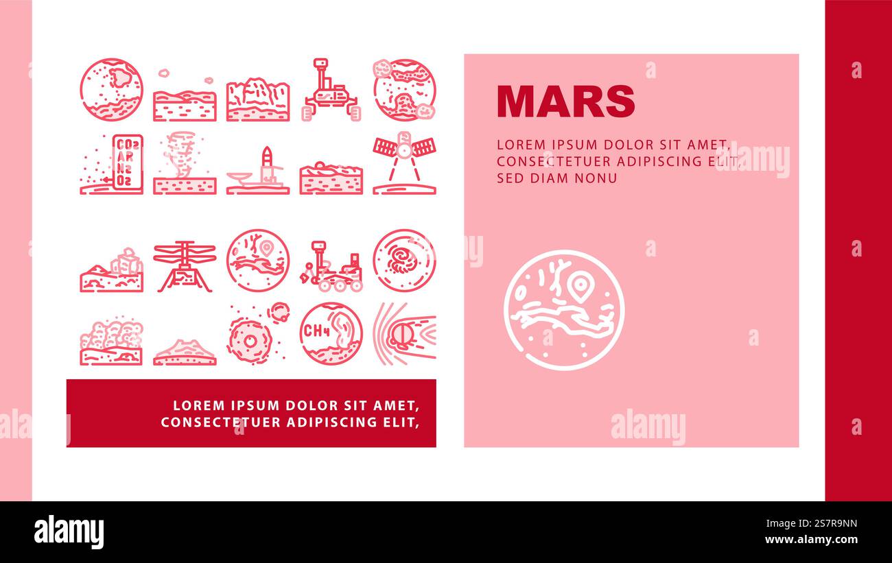 pianeta marte scienza spazio cosmos vettore di pagina web di destinazione. Universe mars, galassia astronomia, cielo stellato, esplorazione superficiale, paesaggio rosso cosmico pianeta pianeta scienza cosmos illustrazione. pianeta marte scienza spazio cosmo atterraggio vettore testata Illustrazione Vettoriale