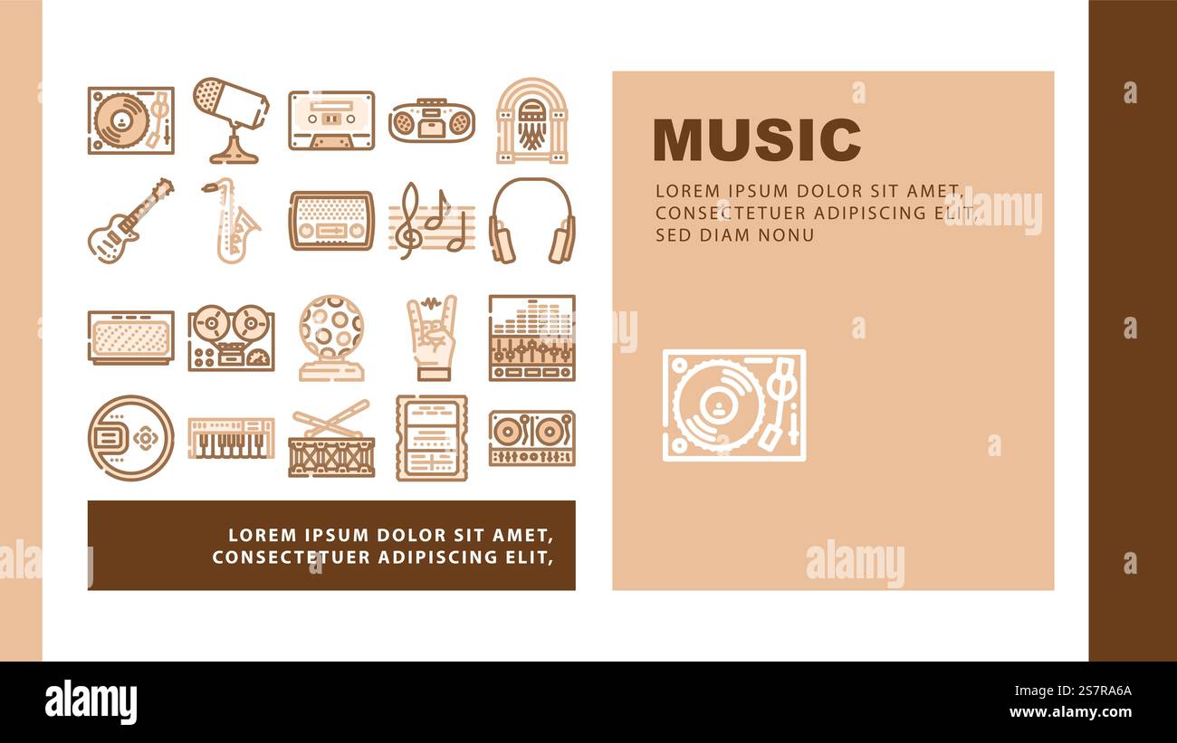 vector di pagina web di destinazione per feste vintage con musica retrò. poster di stile, anni '90 '80, astratto funky, adesivo moderno alla moda, pop disco, musica retrò goffa vintage party Illustration. musica retrò vintage party landing vettore Illustrazione Vettoriale