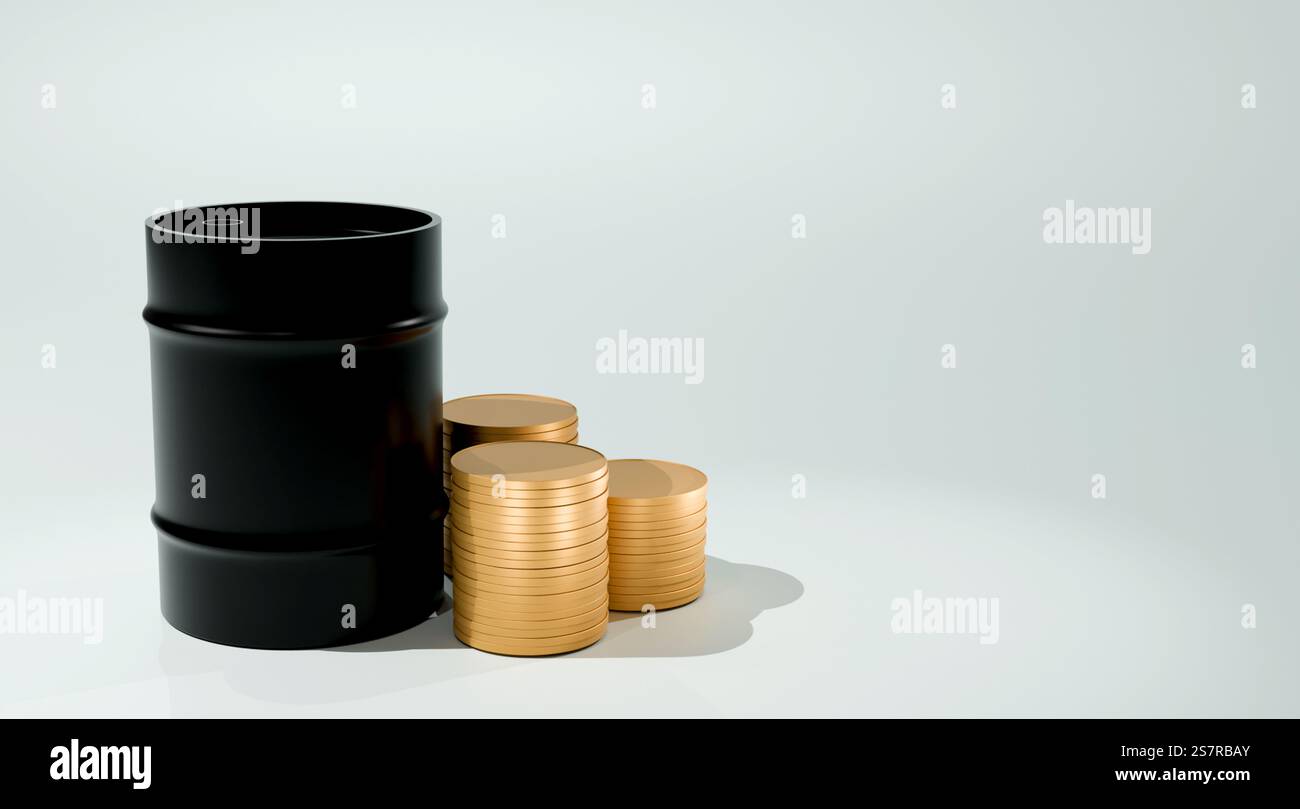 Modello 3D di botte di petrolio nero e pila di monete su sfondo chiaro, botte di petrolio e denaro Foto Stock