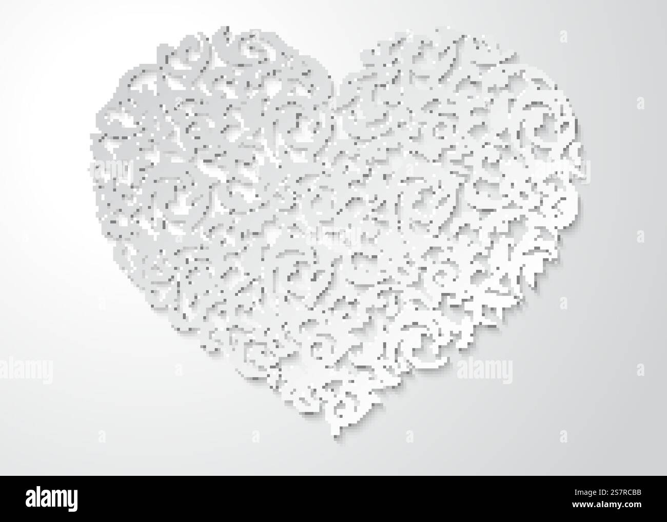 Motivo floreale a forma di cuore bianco con foglie. Simbolo d'amore 3d con motivi geometrici con ombre su sfondo chiaro. Buon San Valentino bella cartolina tagliata in carta Illustrazione Vettoriale