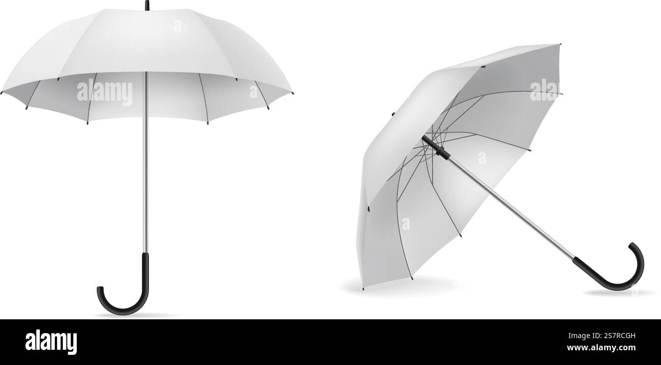 Ombrello. Ombrelloni aperti bianchi realistici. Accessorio antipioggia, oggetto meteo con vista laterale con ombre, mockup per branding, pubblicità e presentazione vettore 3d isolato su sfondo bianco. Ombrello. Ombrelloni aperti bianchi realistici. Accessorio antipioggia, visione laterale dell'oggetto meteo con ombre, mockup per branding, pubblicità e presentazione set isolato vettoriale 3d. Illustrazione Vettoriale