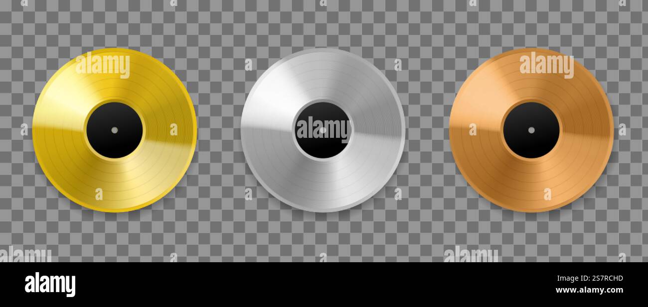 Disco in vinile metallico. Realistici dischi audio 3d in oro, bronzo e platino, premiazioni musicali album canzoni e cantanti, mockup in oro rosa e argento. Set vettoriale isolato su sfondo trasparente. Disco in vinile metallico. Dischi audio realistici, dischi in oro, bronzo e platino, album musicali premiati, canzoni e cantanti, mockup in oro rosa e argento. Vettore impostato su sfondo trasparente Illustrazione Vettoriale
