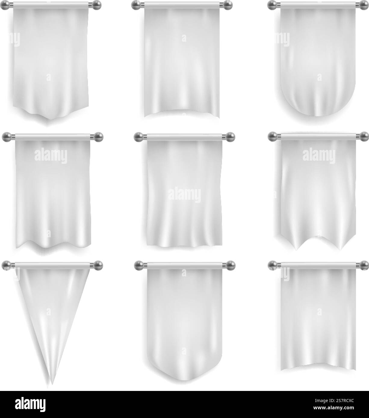 Pennant bianco. Appendere i pennant della squadra collezione realistica, bandiere pubblicitarie su tela sulla parete. Striscioni bianche in tessuto da calcio, premio reale. Mockup, logo e modello di branding in tessuto. Set isolato vettoriale. Pennant bianco. Appendere i pennant della squadra collezione realistica, bandiere pubblicitarie su tela sulla parete. Striscioni bianche in tessuto da calcio, premio reale. Set isolato di tessuti, logo e vettore di branding Illustrazione Vettoriale