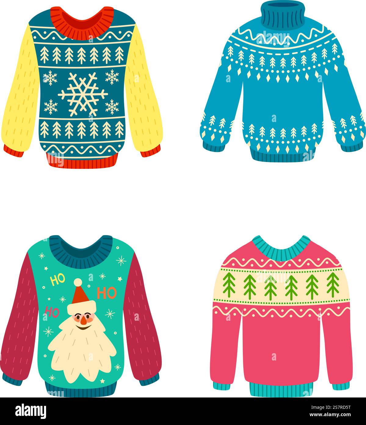 Saltatori con motivi natalizi. Elementi natalizi lavorati a maglia. Maglioni in lana con fiocchi di neve e babbo natale, pullover elegante design per le vacanze invernali di Capodanno, abiti comodi. Set di cartoni animati vettoriali isolati piatti. Saltatori con motivi natalizi. Elementi natalizi lavorati a maglia. Maglioni in lana con fiocchi di neve e babbo natale, elegante pullover per le vacanze invernali di Capodanno. Set di cartoni animati vettoriali isolati piatti Illustrazione Vettoriale