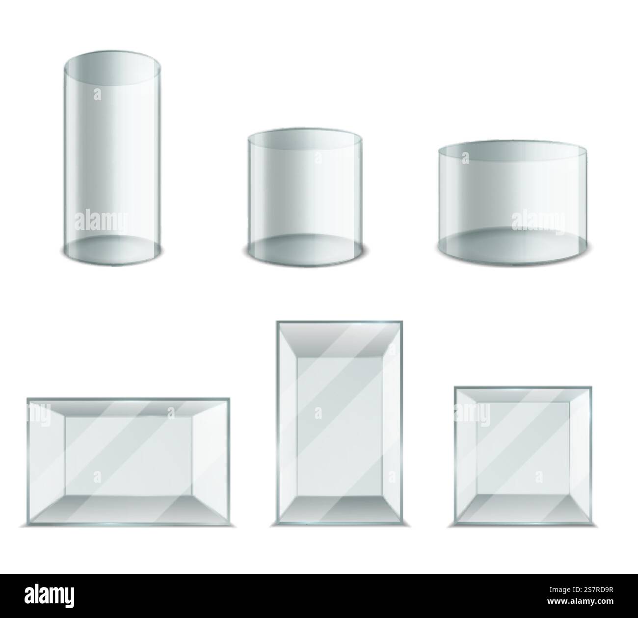 Vetro scatola. Cubo e cilindro trasparenti in plastica realistici. Vetrina vuota 3D. Modello di acquario rotondo o quadrato. Forme geometriche isolate con riflesso della luce. Set contenitori trasparenti vettoriali. Vetro scatola. Cubo e cilindro trasparenti in plastica realistici. Vetrina vuota 3D. Modello di acquario rotondo o quadrato. Forme geometriche con riflesso della luce. Set contenitori vettoriali Illustrazione Vettoriale