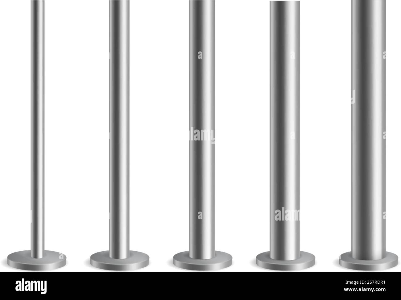 Pali d'acciaio. Montanti lucidi verticali in metallo per striscioni pubblicitari urbani, lampioni e cartelloni, portabagagli o segnaletica in argento. Colonne 3d in alluminio in sezione rotonda. Set isolato realistico vettoriale. Pali d'acciaio. Pilastri metallici per striscioni pubblicitari urbani, lampioni e cartelloni, portabagagli o segnaletica in argento. Colonne 3d in alluminio in sezione rotonda. Set isolato realistico vettoriale Illustrazione Vettoriale