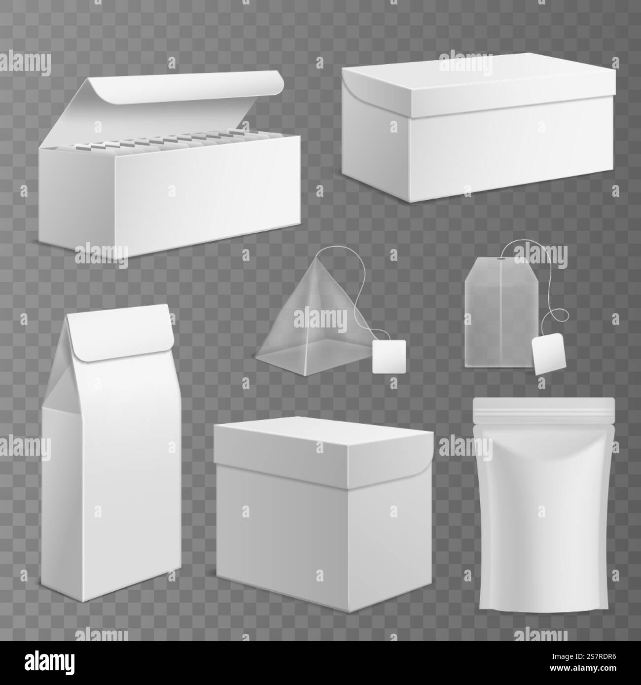 Pacchetto tè. Scatole bianche rettangolari in carta realistica e diversi sacchetti di tè con etichette vuote, confezione con zip 3d isolata, sacchetto piramidale. Contenitori vuoti per set di modelli vettoriali di branding di marketing. Pacchetto tè. Scatole bianche rettangolari in carta realistica e diversi sacchetti di tè con etichette vuote, confezione con zip 3d isolata, sacchetto piramidale. Contenitori vuoti per set di modelli vettoriali di branding Illustrazione Vettoriale