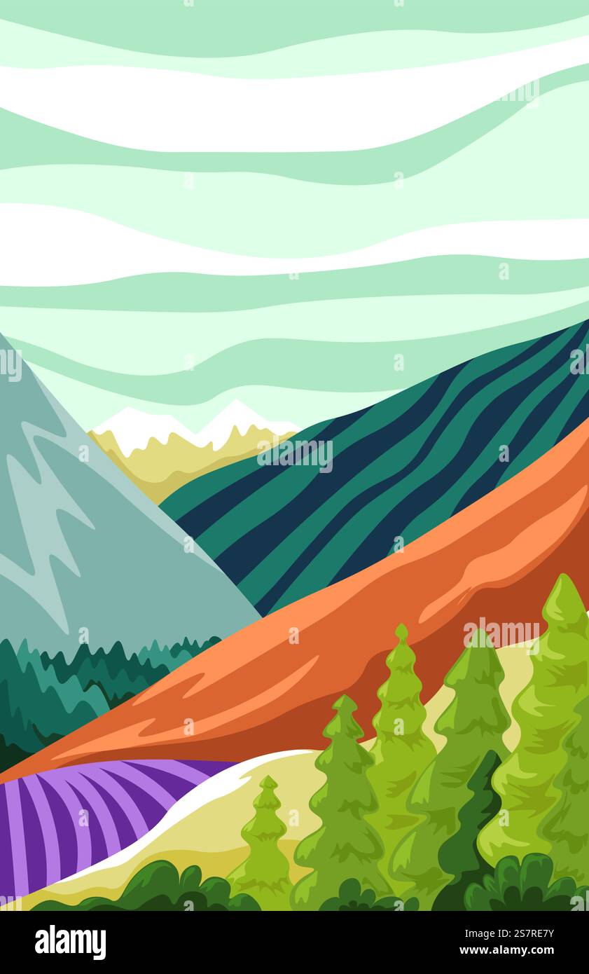 Paesaggio naturale con montagne e foreste, paesaggi e campi. Serenità e tranquillità naturali, zona rurale in campagna per turisti ed escursionisti. Immagine vettoriale in stile piatto. Paesaggio di campi e montagne, paesaggio Illustrazione Vettoriale
