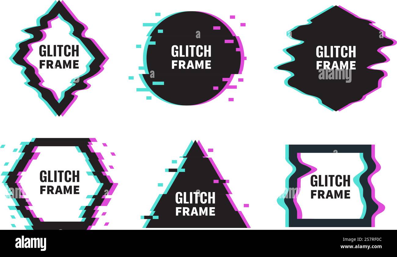 Difetti dei telai. Grafica distorta con effetti di offset astratti. Forme geometriche danneggiate con luce neon, modello per poster minimale alla moda, scheda o banner moderni con spazio per le copie. Set isolato vettoriale. Difetti dei telai. Grafica distorta con effetti di offset astratti. Forme geometriche danneggiate con illuminazione al neon, modello per poster minimale alla moda, moderno set isolato di carte o banner Illustrazione Vettoriale