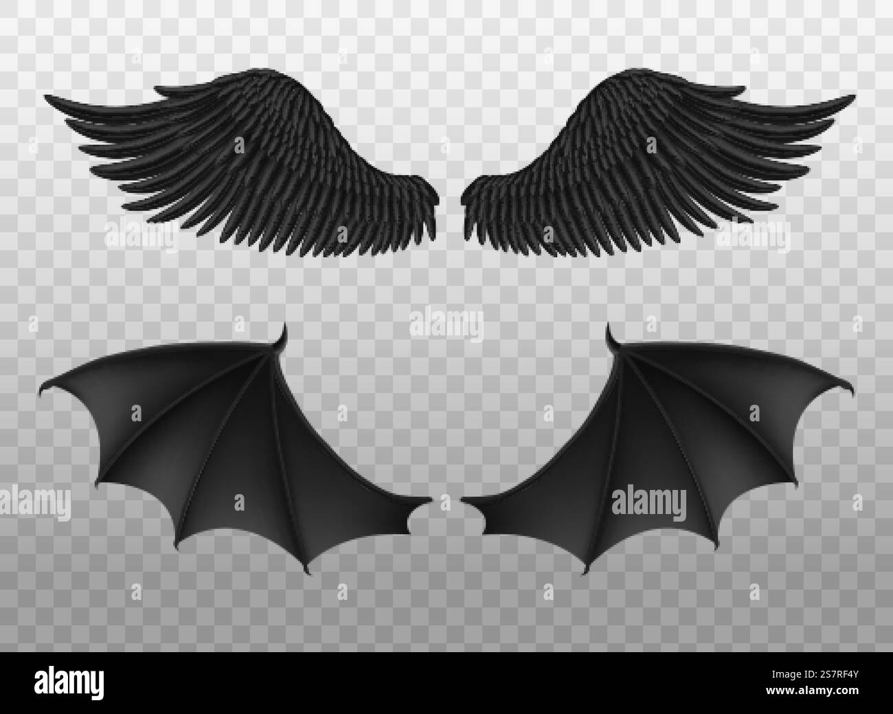 Ali nere realistiche. Coppia di piume scure ali di corvo e pipistrelli, parti di uccelli corvi, elementi demoniaci isolati, animali in coppia. Vettore di simboli del male spirituale 3d impostato su sfondo trasparente. Ali nere realistiche. Coppia di piume scure ali di corvo e pipistrelli, parti di uccelli corvi, elementi demoniaci isolati, animali in coppia. Set 3d di simboli del male spirituale Illustrazione Vettoriale