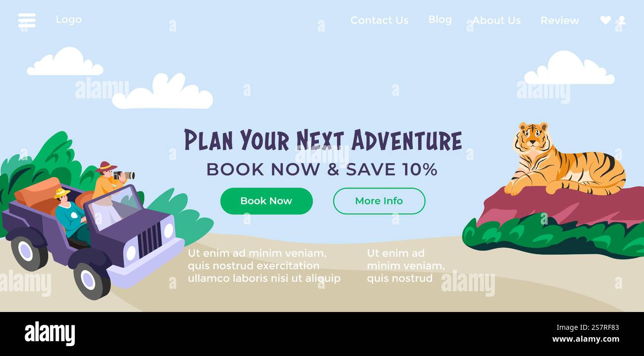 Viaggio avventuroso nelle aree naturali, opportunità di osservare e sperimentare la fauna selvatica. Emozionante viaggio attraverso paesaggi incontaminati. Modello di landing page del sito Web, vettore del sito Internet in stile piatto. Pianifica la tua prossima avventura, pagina Internet safari Illustrazione Vettoriale
