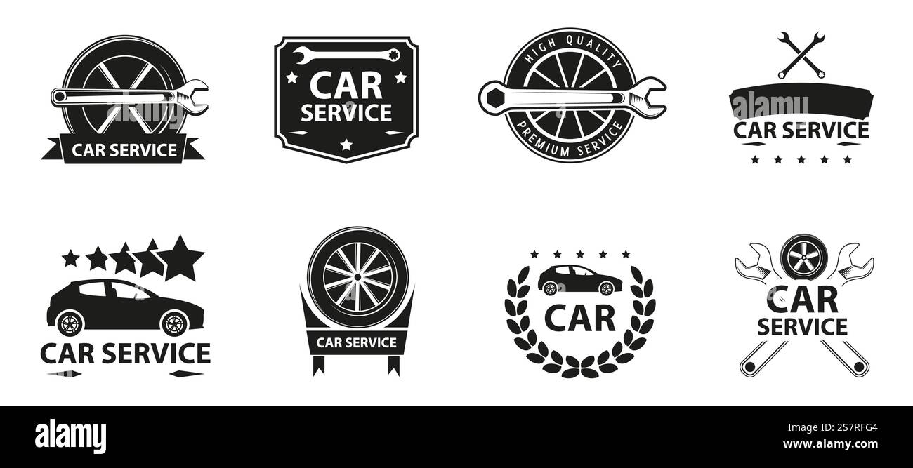 Collezione di badge con logo di assistenza auto d'epoca. Set di logotipo di servizio automatico. Chiave per il logo di assistenza auto. Logotipo di servizio automatico con icona a forma di chiave inglese Illustrazione Vettoriale