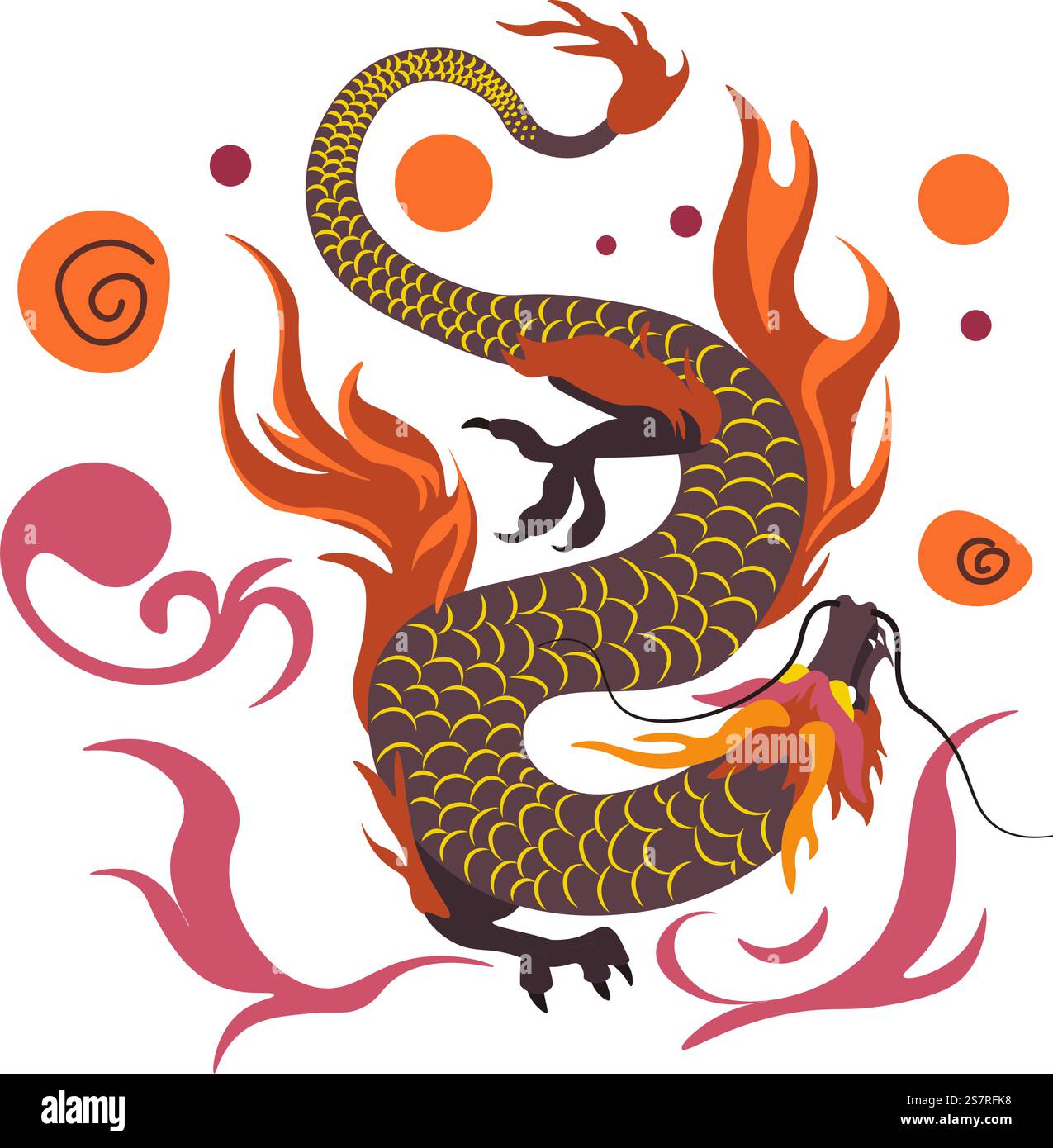 Personaggio fantasy dei draghi, rettile ardente o bestia che sprigiona fuoco e fiamme. Personalità isolata con scala e artigli. Cultura cinese e tradizione mitologica, cultura. Vettore in stile piatto. Drago ardente, creatura rettile o vettore di personaggi Illustrazione Vettoriale