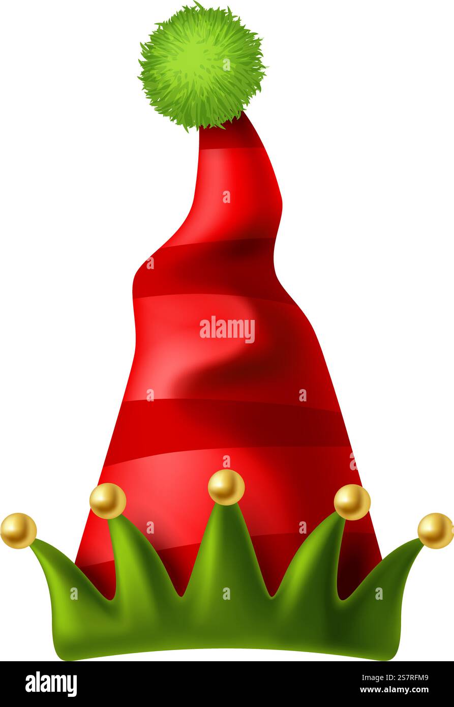 Cappello elfo di Natale. Tappo per le festività invernali isolato su sfondo bianco. Cappello elfo di Natale. Berretto per le festività invernali Illustrazione Vettoriale