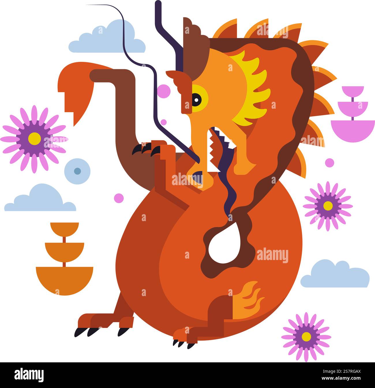 Creatura di drago cinese, mascotte mitologiche isolate o bestia con spaventosa espressione facciale. Rettile con artigli e coda. Mostro spaventoso con fiori e design floreale. Vettore in stile piatto. Drago creature della mitologia cinese personage Vector Illustrazione Vettoriale
