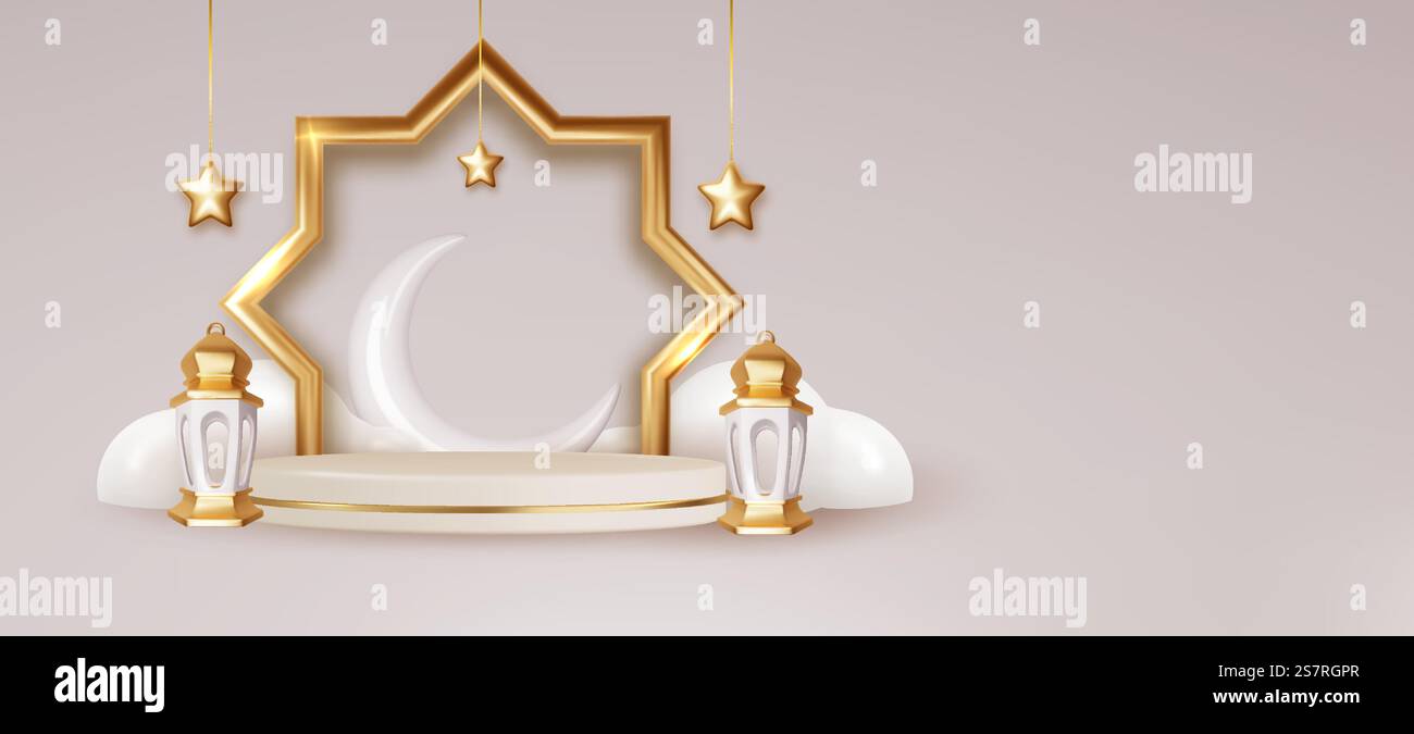 Design per le vacanze Ramadan Kareem. Decorazioni in 3d Crescent Moon visualizzate sul podio. Adatto per vacanze islamiche promo. Design per le vacanze Ramadan Kareem. Decorazioni in 3d Crescent Moon visualizzate sul podio. Adatto per vacanze islamiche promo Illustrazione Vettoriale