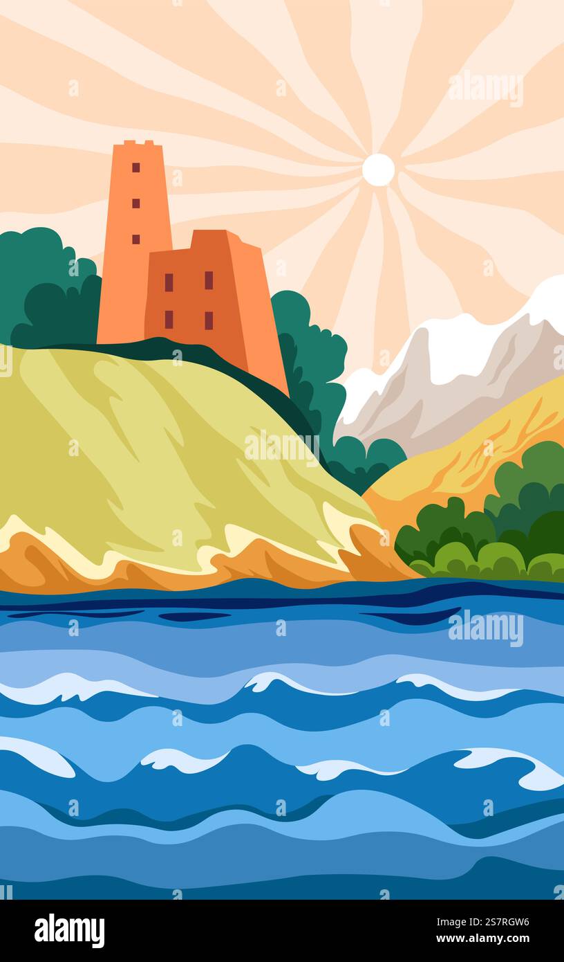 Paesaggio di campagna con monumenti storici, località turistiche o destinazioni. Paesaggio con collina e castello con torre, lago o costa marina con foresta e montagne in lontananza. Vettore in stile piatto. Paesaggio rurale con punto di riferimento e mare Illustrazione Vettoriale