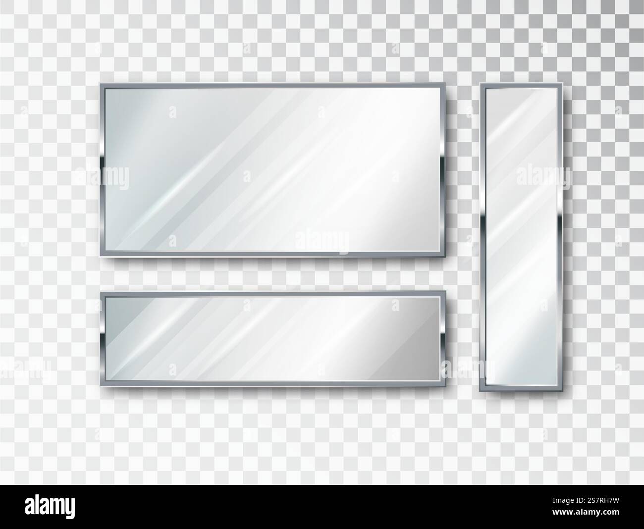 Set isolato a specchio realistico. Struttura specchi, modello specchi bianchi. Design 3D realistico per mobili d'interni. Superfici in vetro riflettente isolate. Set isolato a specchio realistico. Struttura specchi, modello specchi bianchi. Design 3D realistico per mobili d'interni. Superfici in vetro riflettente isolate. Illustrazione Vettoriale