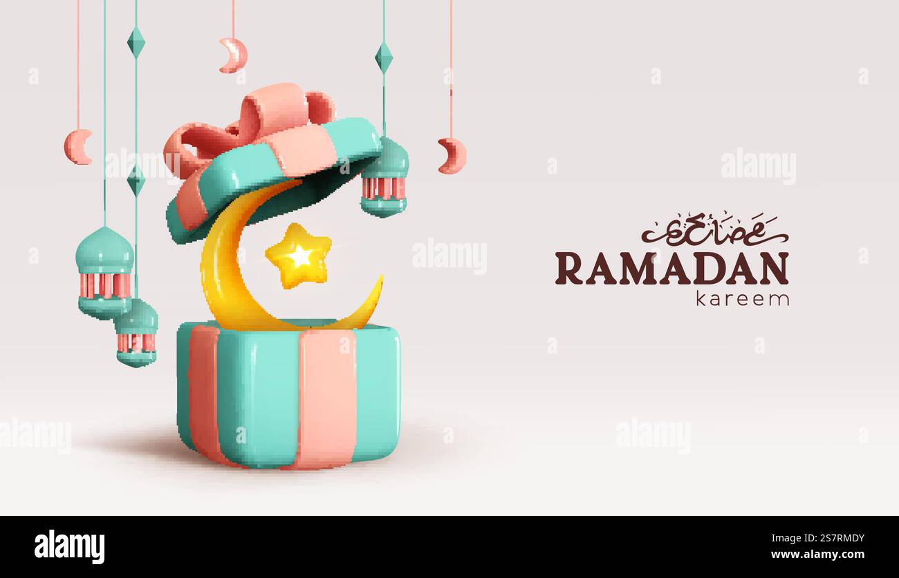 Design per le vacanze Ramadan Kareem. Festeggia il mese Santo del Ramadhan nell'Islam. Sfondo blu 3d realistico Apri scatole regalo, mezzaluna con stella e lanterne sospese. Confezione regalo per le feste. Illustrazione vettoriale Illustrazione Vettoriale