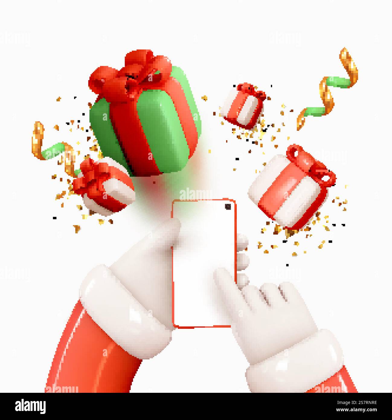 Sfondo natalizio. Mani di Babbo Natale, tenere il telefono cellulare, lo smartphone e fare clic sullo schermo. Le confezioni regalo 3d realistiche sfocano l'effetto autunnale. Modello di smartphone con design natalizio. Illustrazione vettoriale Illustrazione Vettoriale