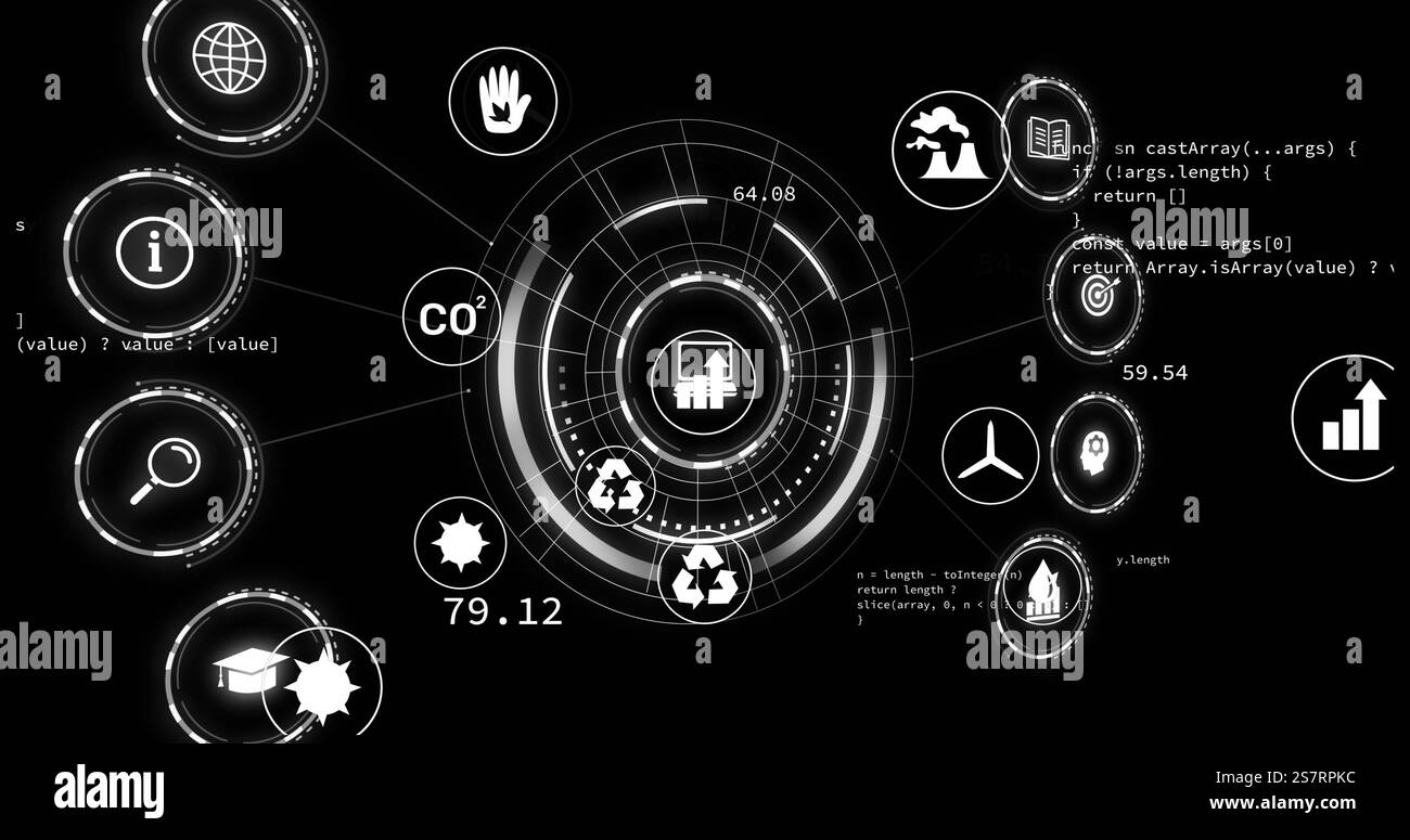 Visualizzazione circolare dei dati con icone ambientali e immagine di codifica su sfondo nero Foto Stock