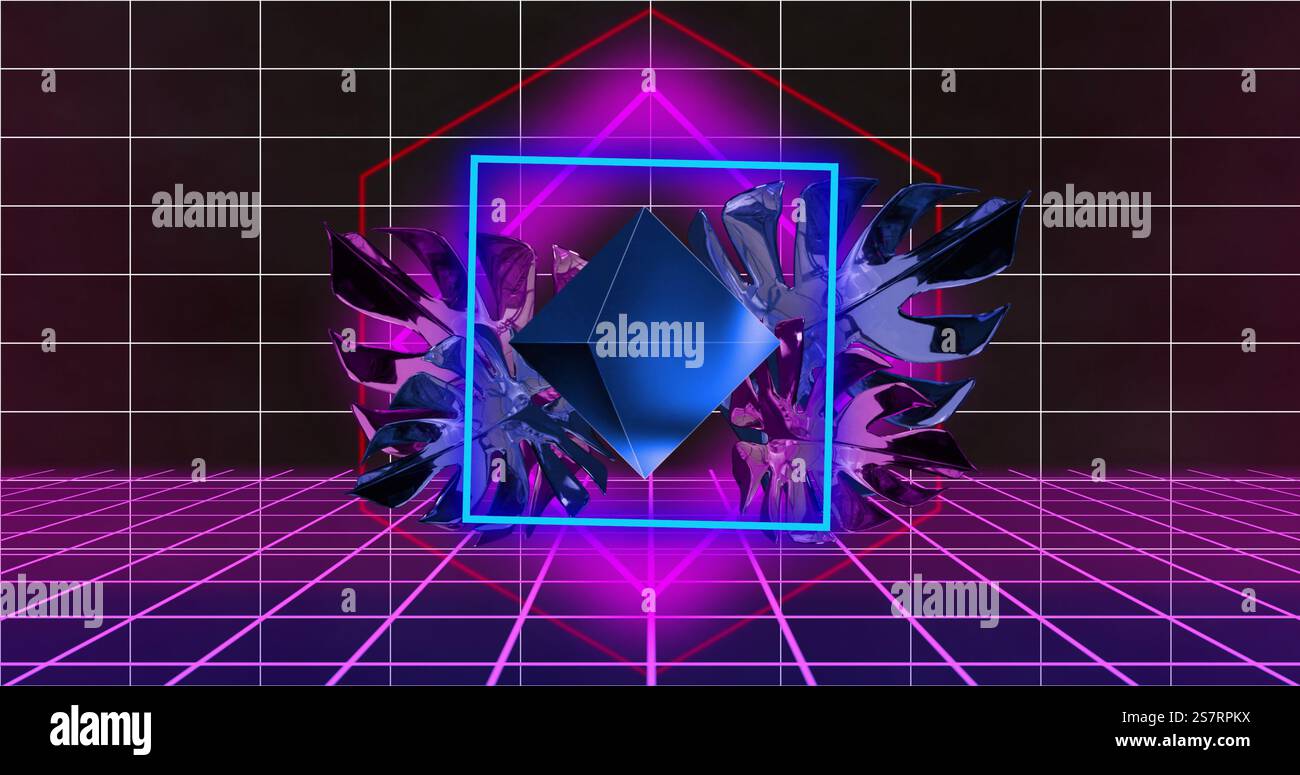 Forme geometriche al neon e griglia luminosa con elementi di design futuristici Foto Stock