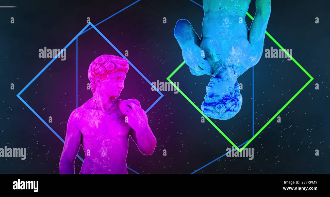 Immagine effetto glitch su statue colorate al neon e forme geometriche Foto Stock