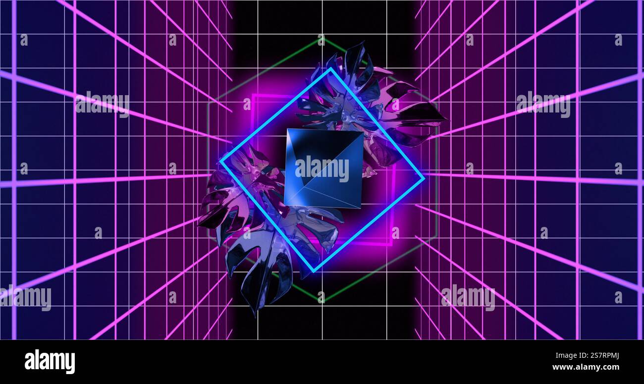 Forme geometriche e immagine a griglia al neon che creano un futuristico effetto tunnel digitale Foto Stock