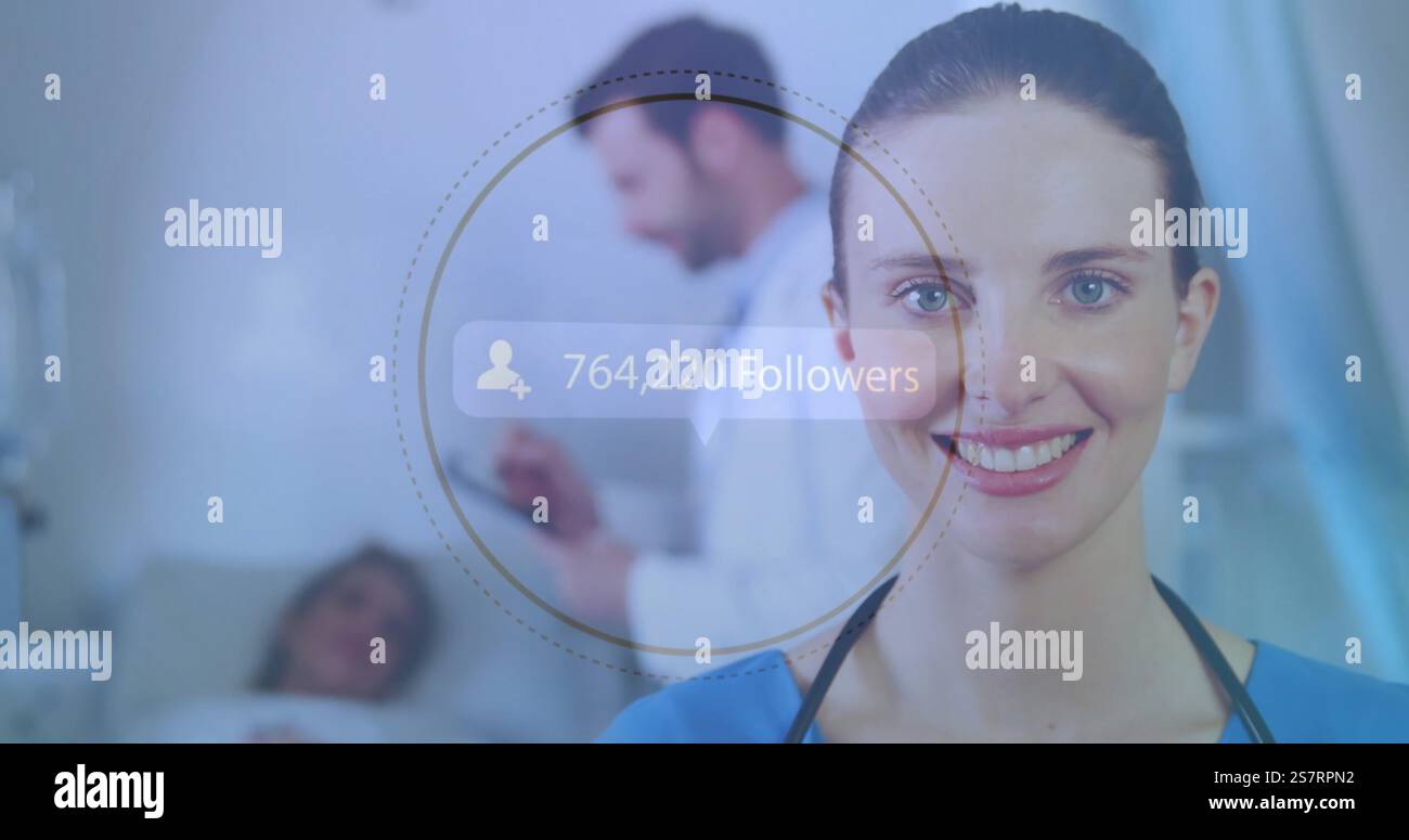 Medico con stetoscopio, i seguaci dei social media contano l'immagine sulla scena dell'ospedale Foto Stock