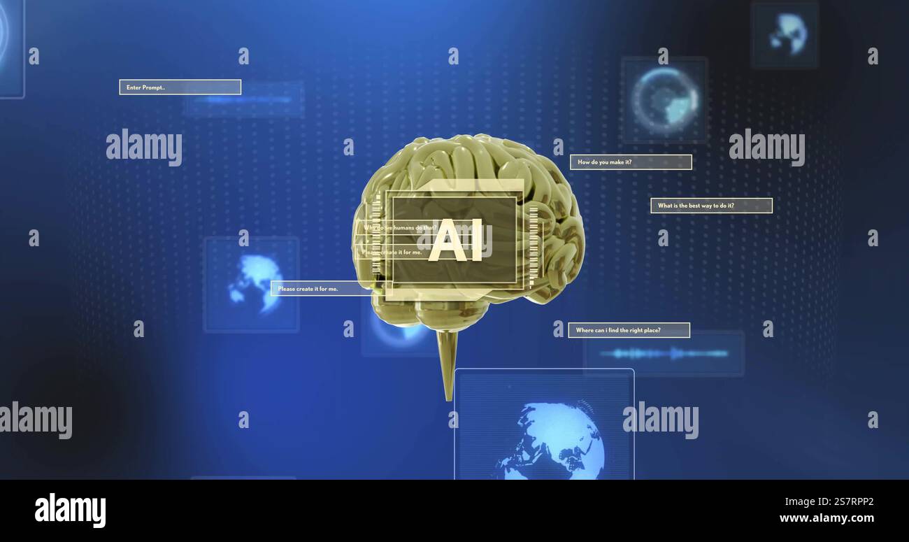 Immagine testuale DELL'INTELLIGENZA ARTIFICIALE su icone digitali del cervello e della tecnologia su sfondo blu Foto Stock