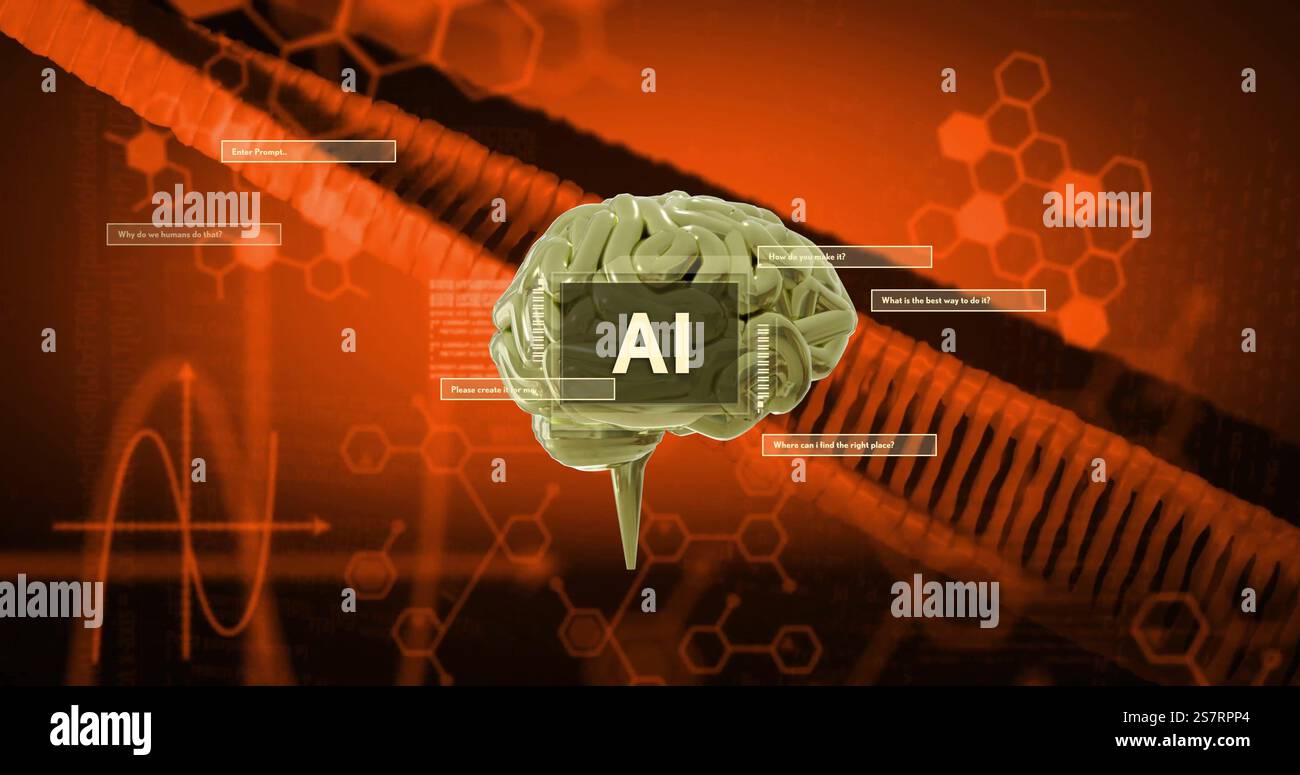 Testo DELL'IA e immagine del cervello su filamenti di DNA e pattern esagonali Foto Stock