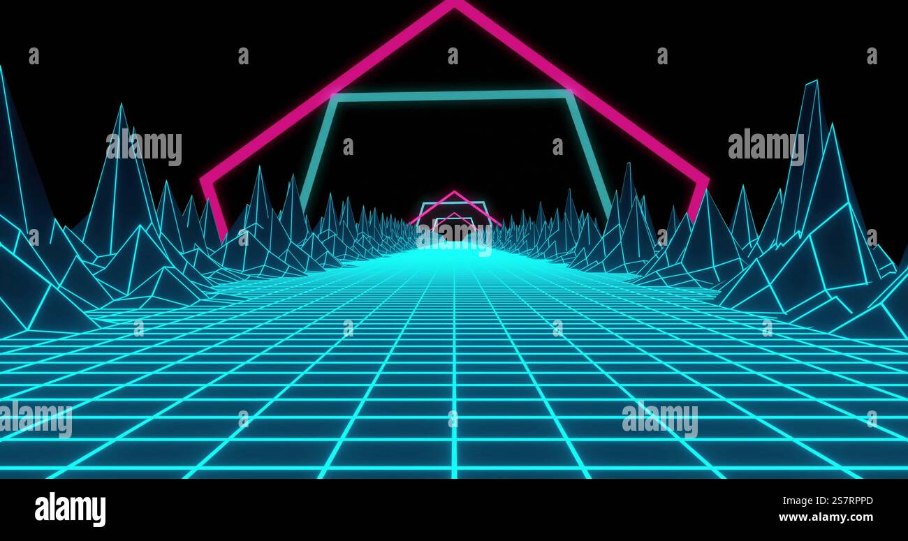 Paesaggio a griglia al neon con forme geometriche brillanti, immagine retrò-futuristica Foto Stock