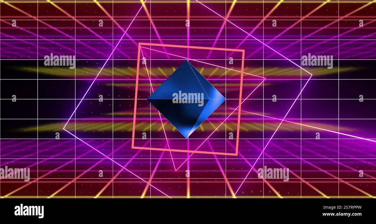 Forme geometriche e immagine a griglia al neon su sfondo futuristico Foto Stock