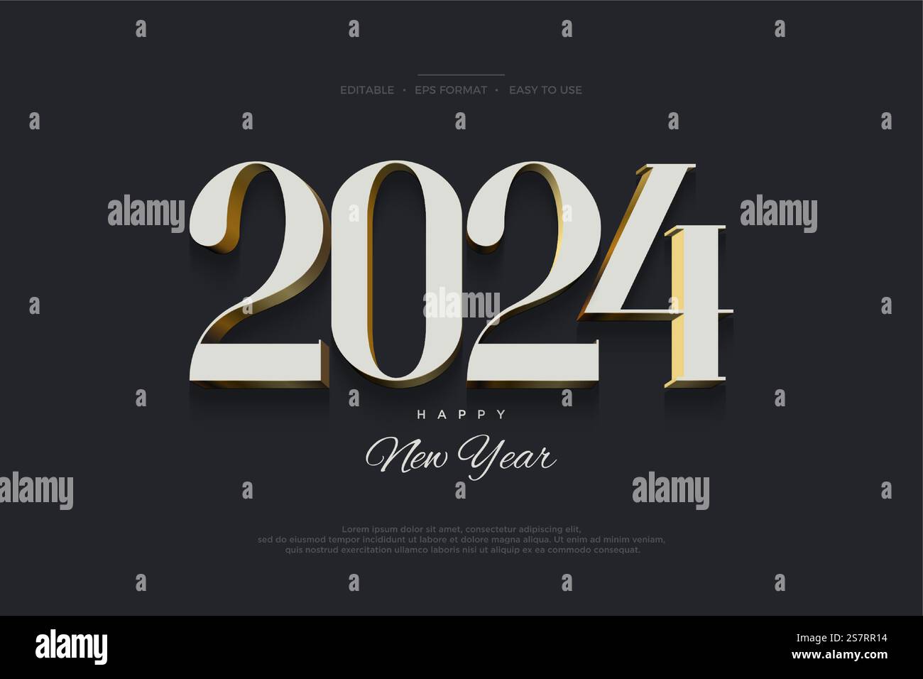 Buon nuovo anno 2024 design celebrativo. Con i classici numeri 3d su sfondo nero. Sfondo vettoriale premium per 2024 saluti, celebrazioni ed eventi. Illustrazione Vettoriale