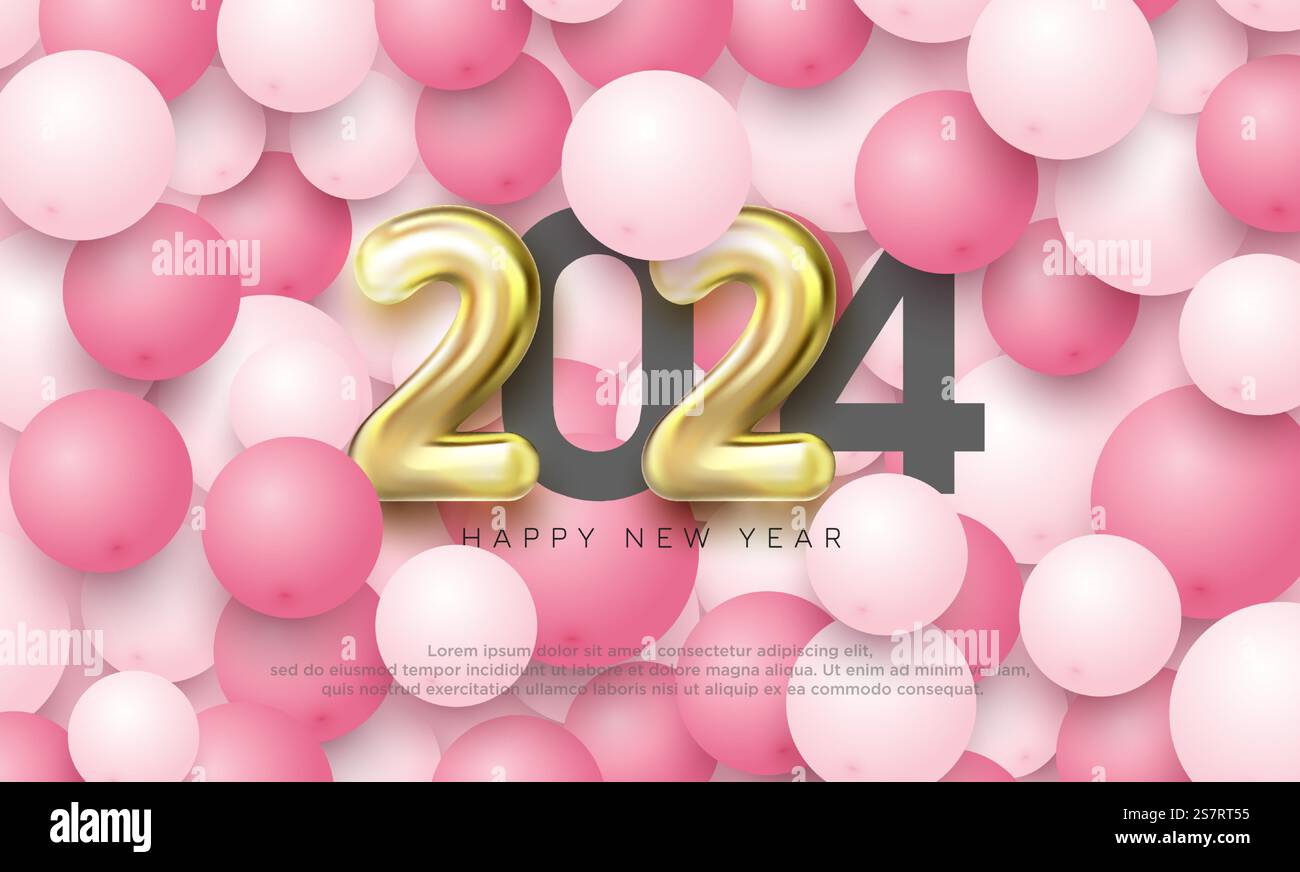 Buon design per il nuovo anno 2024 con numeri dorati di lusso su palloncini rosa e bianco. Design vettoriale premium per poster, banner, festeggiamenti per il nuovo anno 2024 e saluto. Illustrazione Vettoriale