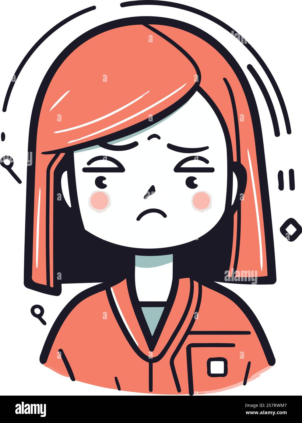 Donna malata con mal di testa. Illustrazione vettoriale in stile line art. Illustrazione Vettoriale
