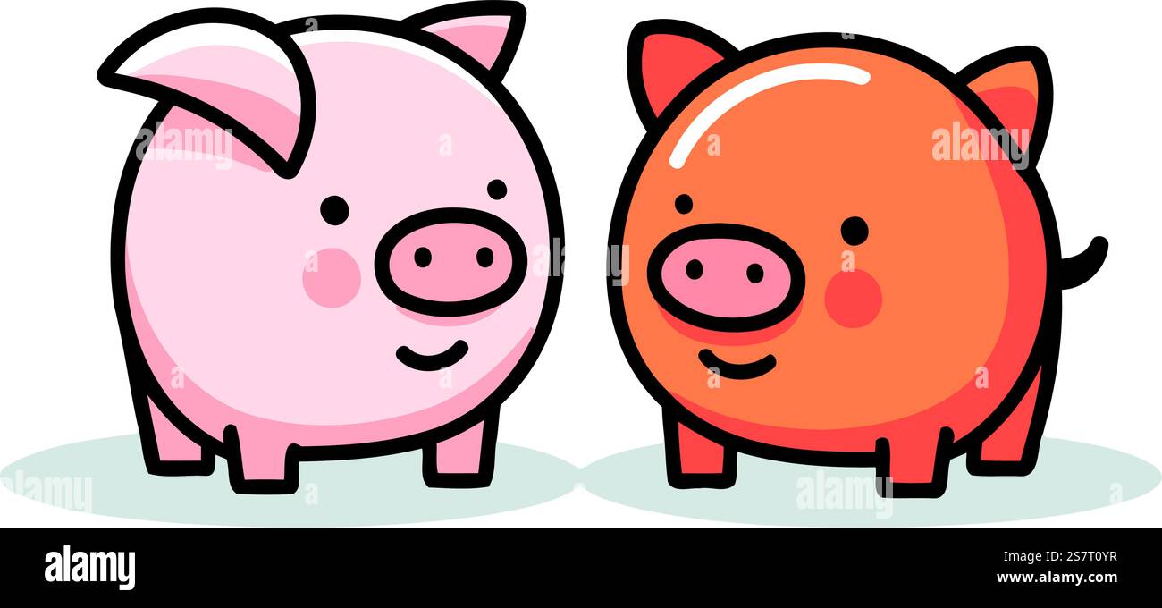 Personaggi dei cartoni animati di maialino e maialino. Illustrazione vettoriale carina. Illustrazione Vettoriale