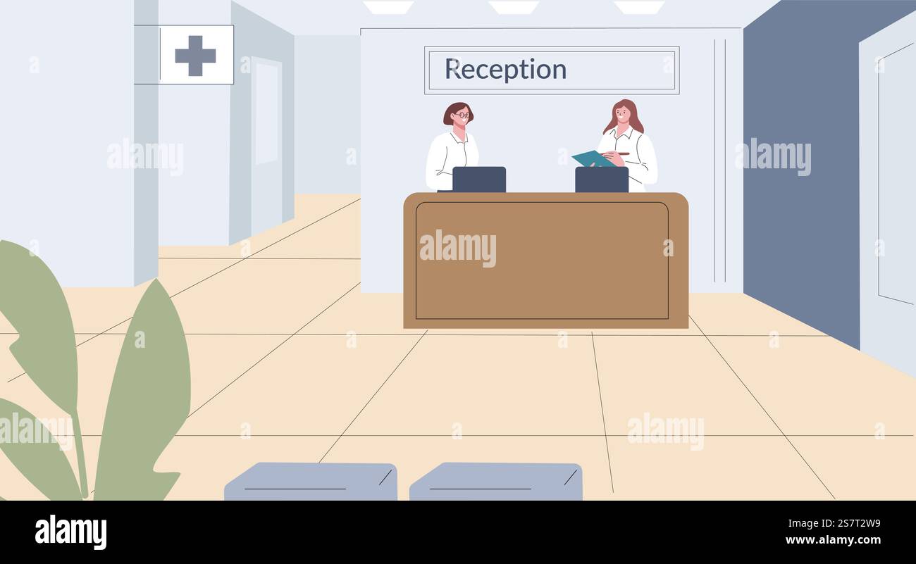 Ricevimento del centro medico con due assistenti o amministratori in cappotti bianchi. Zona lounge dell'ospedale, struttura sanitaria edificio vettore interno di ricevimento a illustrazione del medico. Ricevimento del centro medico con due assistenti o amministratori in cappotti bianchi. Zona lounge dell'ospedale, interno vettoriale dell'edificio sanitario Illustrazione Vettoriale