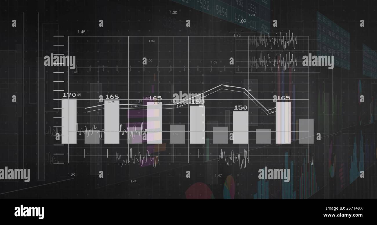 Immagine di statistiche ed elaborazione di dati digitali su sfondo scuro Foto Stock