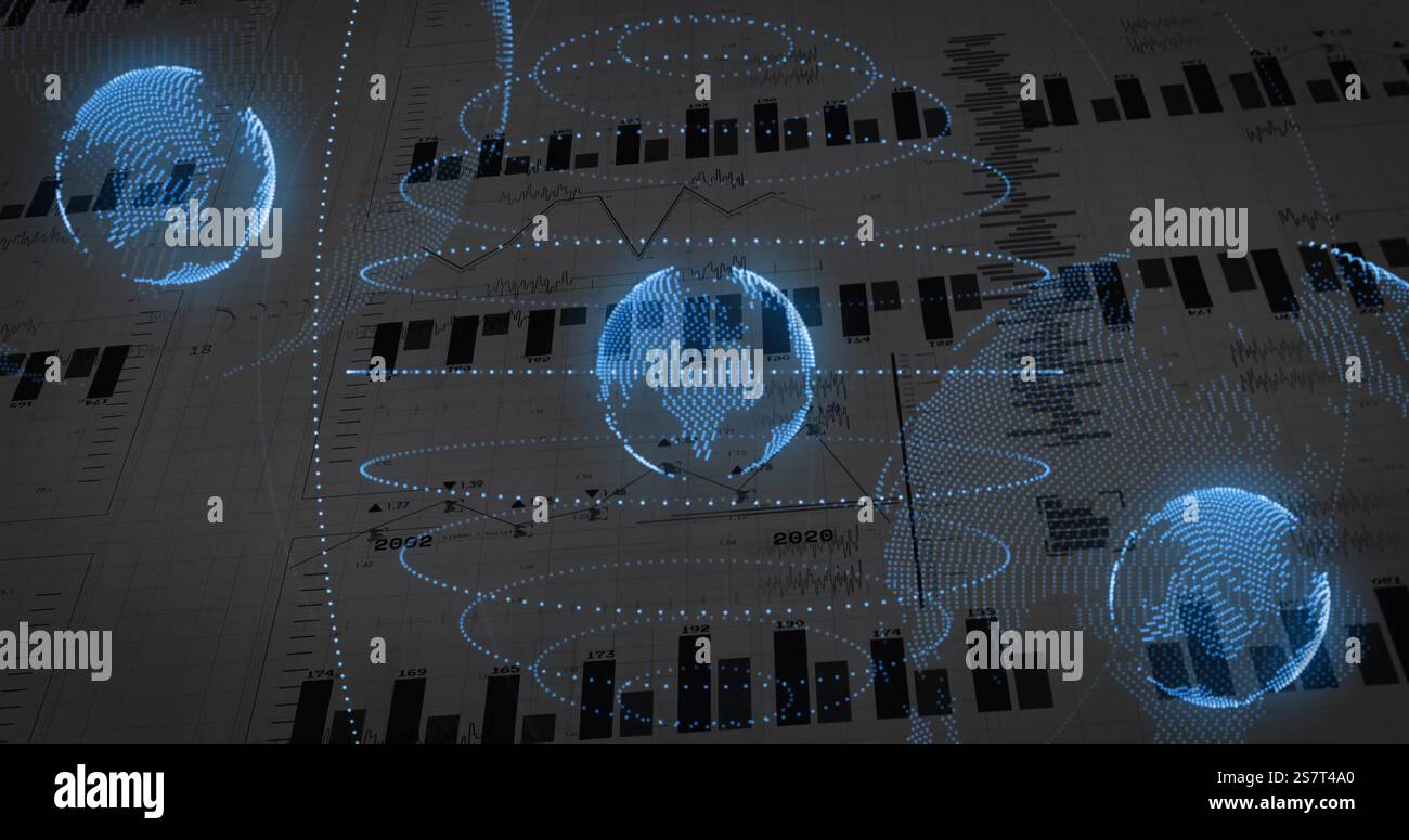 Immagine delle statistiche e dell'elaborazione dei dati digitali sui globi Foto Stock