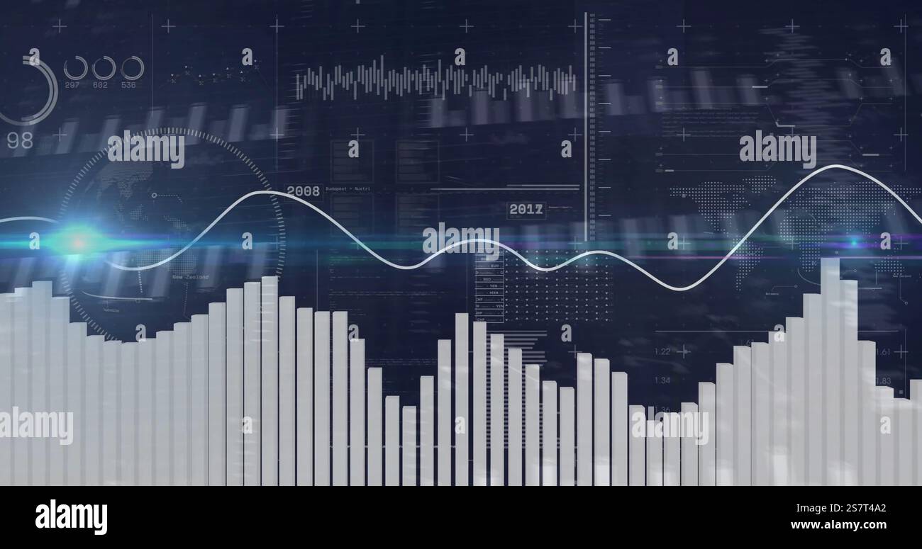 Immagine di statistiche ed elaborazione di dati digitali su sfondo scuro Foto Stock
