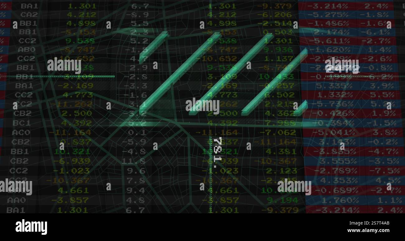 Immagine di statistiche ed elaborazione di dati digitali su sfondo scuro Foto Stock